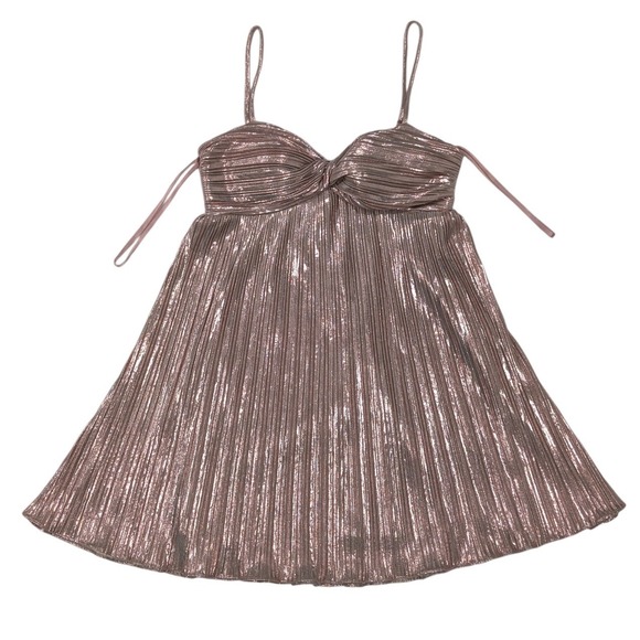 Seni & Cade Juniors' Rose Gold Metallic Pleated Knot Front Babydoll Prom Dress - Picture 7 of 16